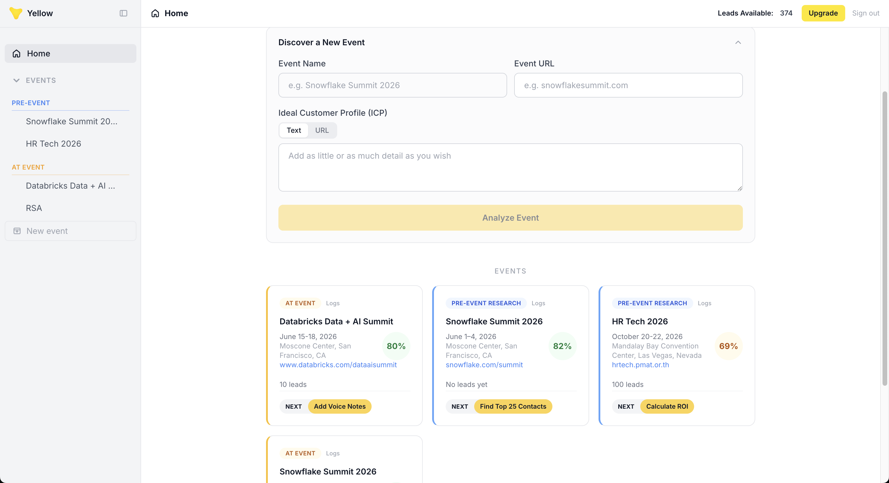 Yellow Events dashboard — discover, analyze and manage events